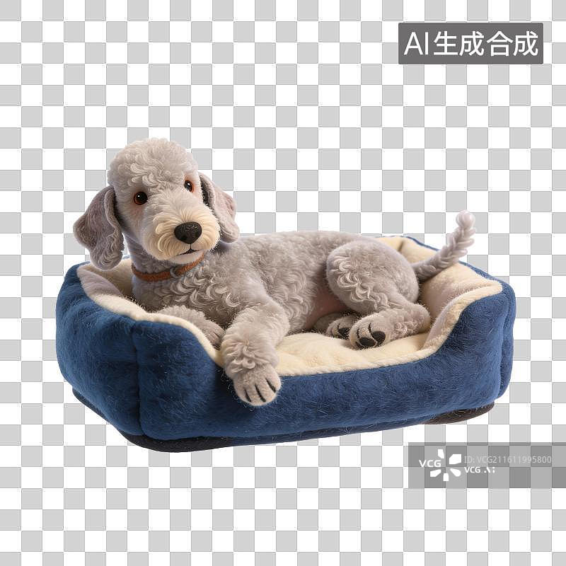 【AI数字艺术】灰色贝灵顿梗犬的舒适宠物床图片素材