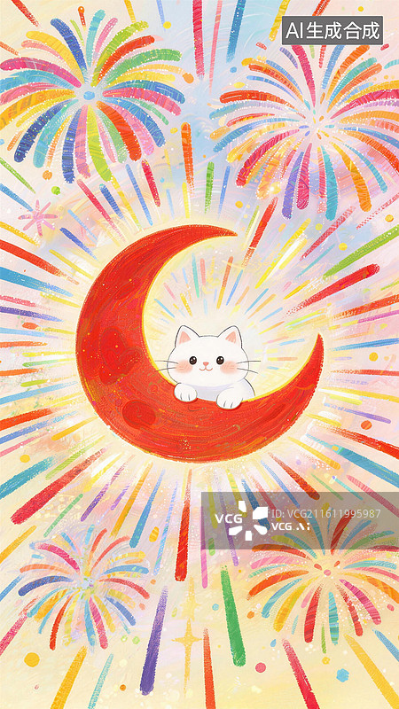 【AI数字艺术】多巴胺涂鸦，手绘萌趣儿童画，红月亮上的小猫图片素材
