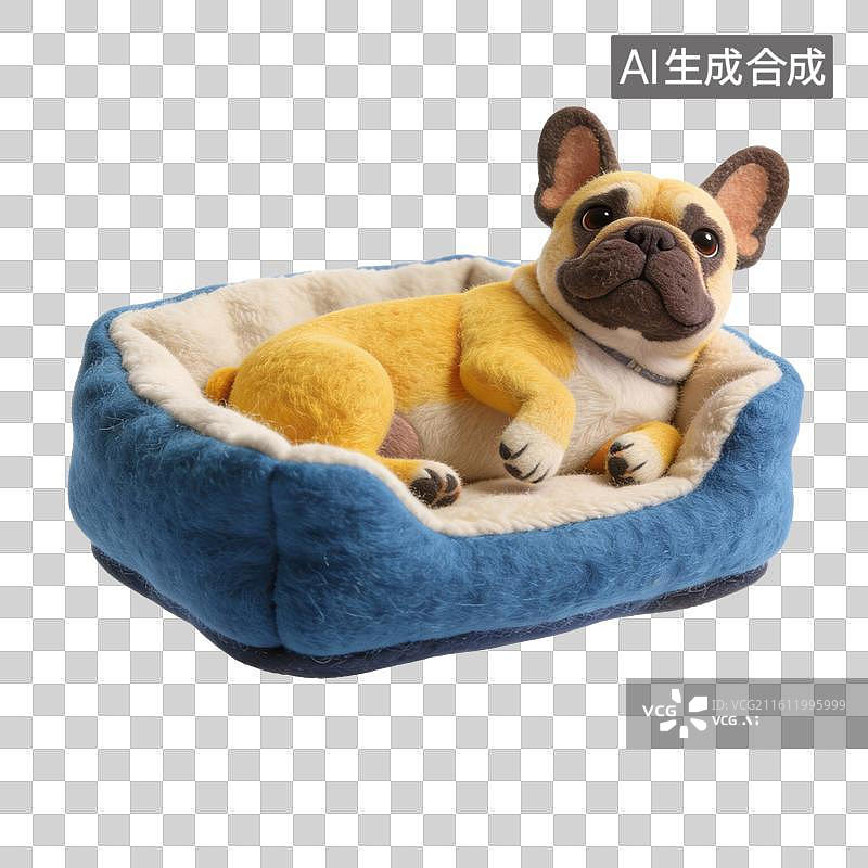 【AI数字艺术】毛绒法国斗牛犬在宠物床上图片素材