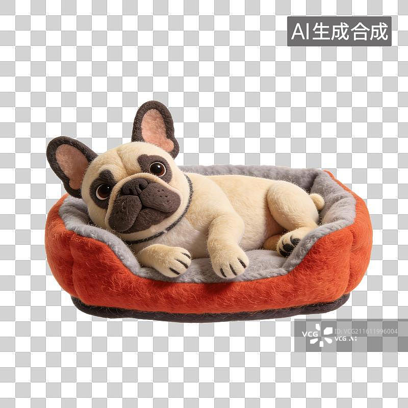 【AI数字艺术】毛绒法国斗牛犬在宠物床上图片素材