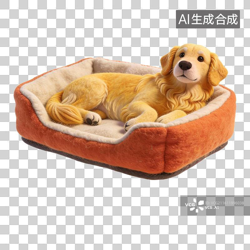 【AI数字艺术】金毛犬与舒适宠物床图片素材