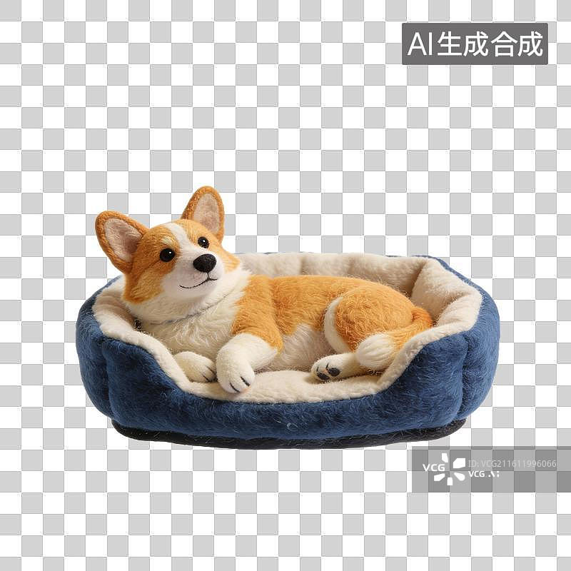 【AI数字艺术】可爱柯基毛绒玩具与宠物床图片素材