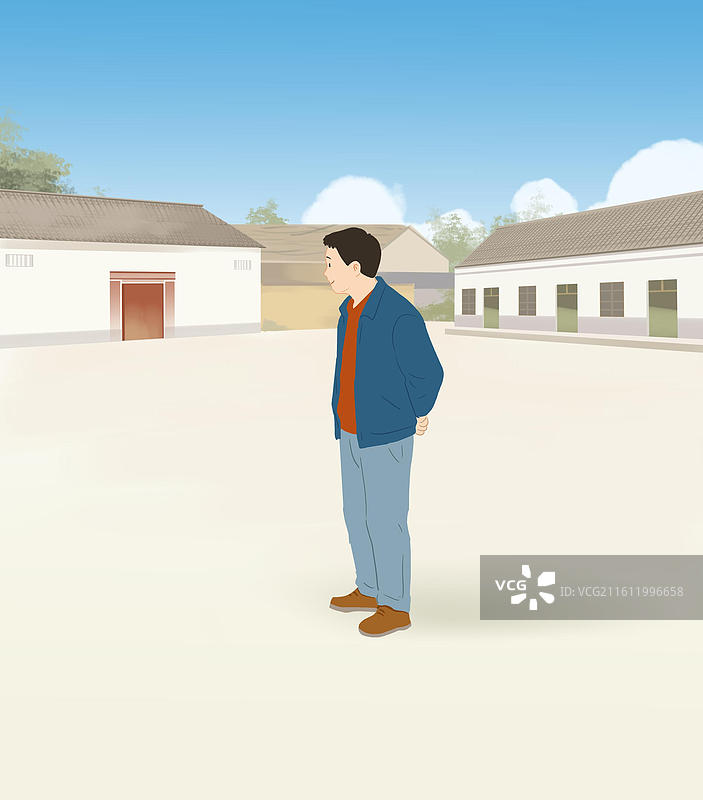 乡村乡下乡里家乡老家农村村庄小镇留守乡村振兴老人老者悠闲自在生活方式人物夏天暑假插画图片素材