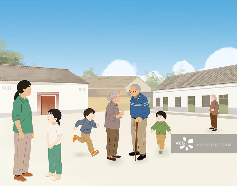 乡村振兴乡下农村生活邻里邻居关系家园家乡社区小区家庭养老院村委会房子插画图片素材