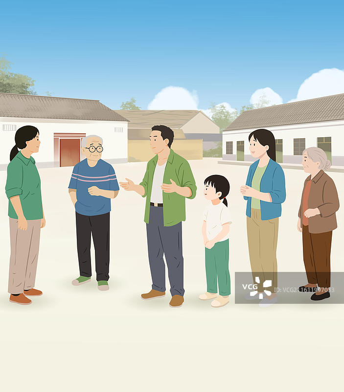 乡村振兴乡下农村生活邻里邻居关系家园家乡社区小区家庭养老院村委会房子插画图片素材