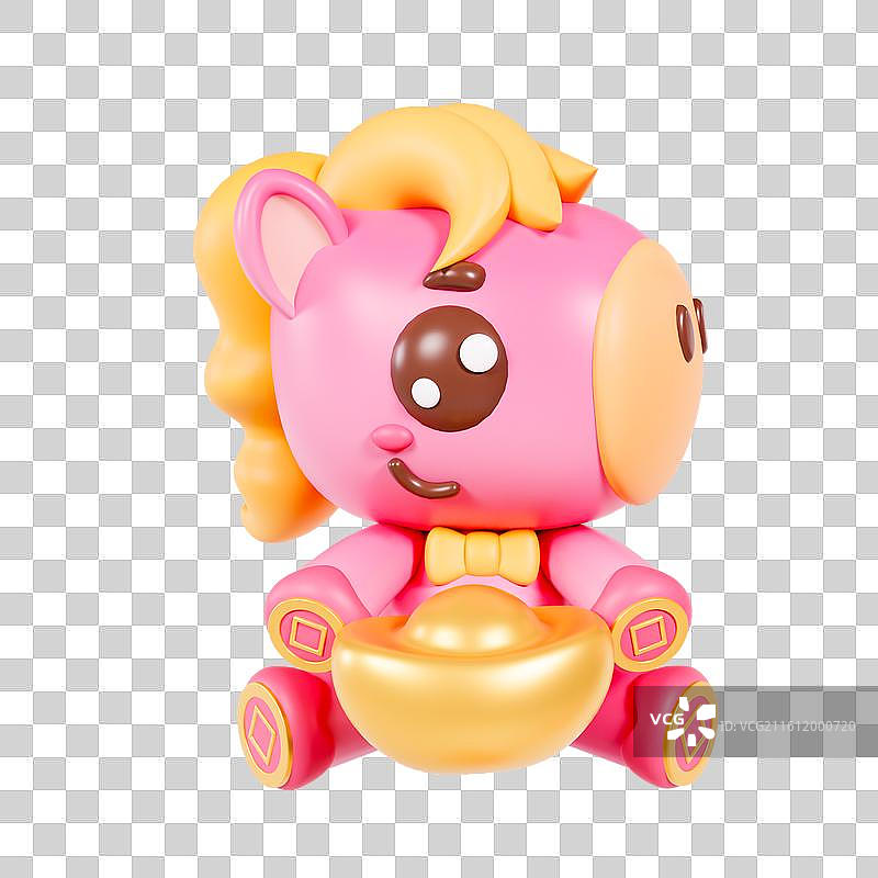 3D渲染的2026年马年生肖春节元素抱着元宝的马图片素材