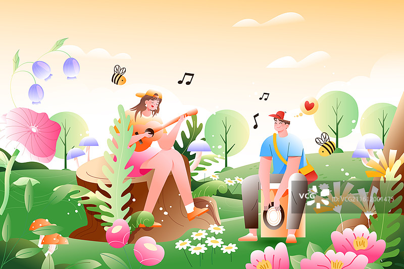 卡通春季春天出游旅行骑行户外花卉旅游郊游情侣情人节约会自然风景电商音乐节消费娱乐休闲背景渐变矢量插画图片素材