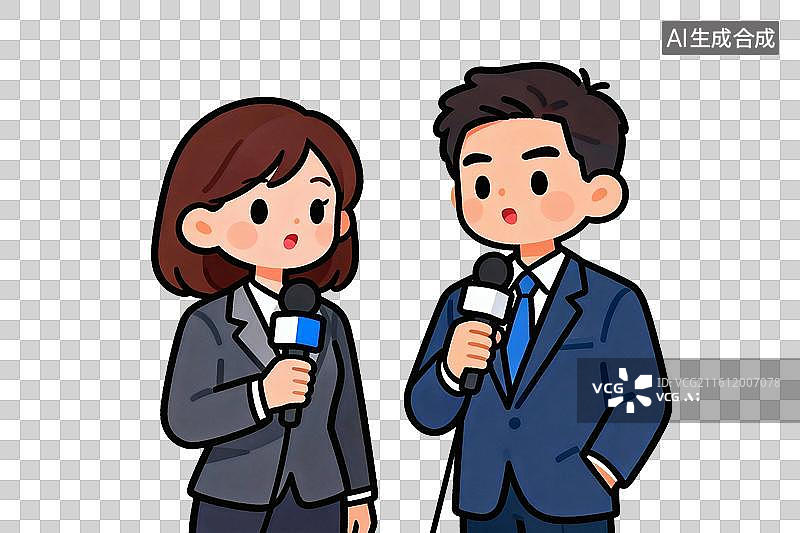 【AI数字艺术】卡通风格，两名新闻记者PNG格式的免扣元素图片素材