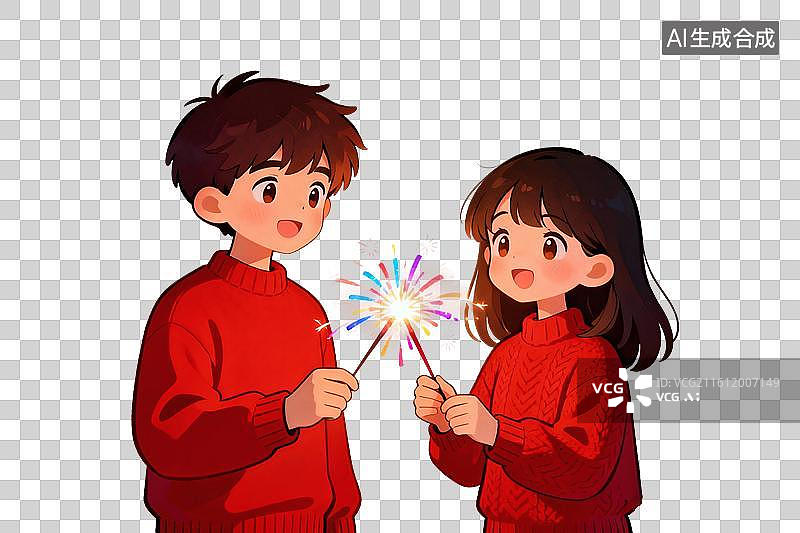 【AI数字艺术】卡通风格，春节，两名穿着红色毛衣的情侣点燃手中的仙女棒PNG格式的免扣元素图片素材