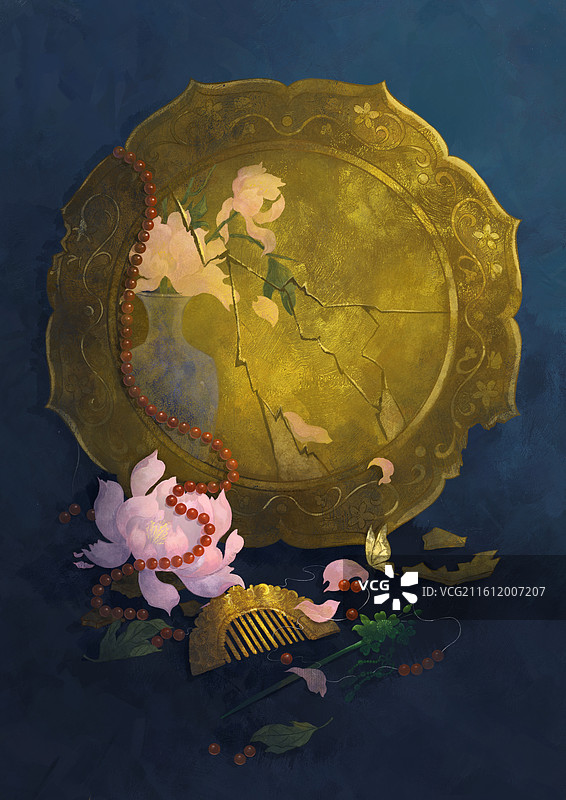 古风诗词插画出版物配图蝶恋花诗句朱颜辞镜花辞树铜镜芍药植物插画图片素材