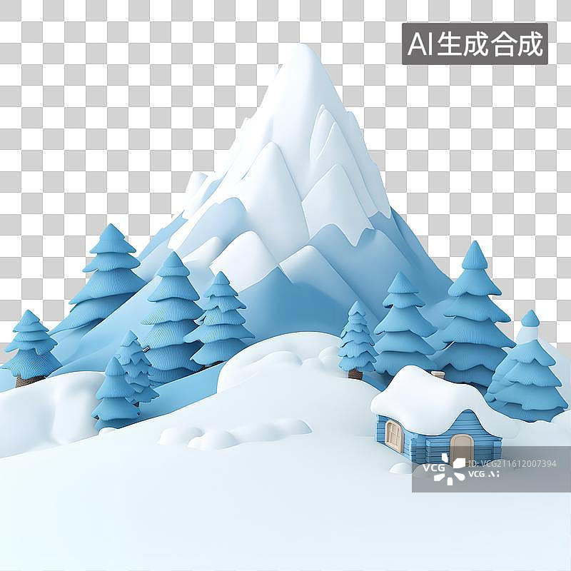 【AI数字艺术】3D治愈系白色雪景高山小木屋元素图片素材