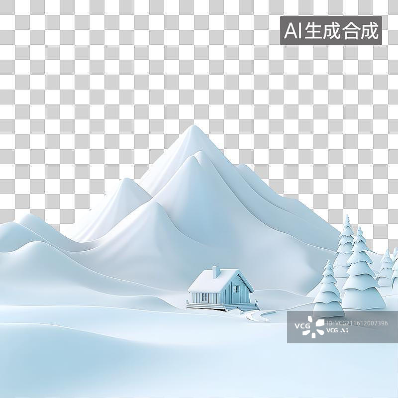 【AI数字艺术】3D治愈系白色雪景高山小木屋元素图片素材
