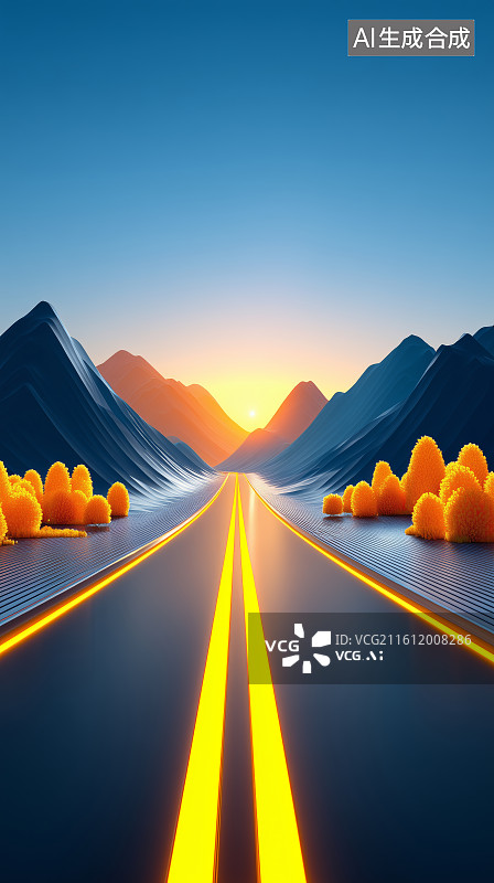 【AI数字艺术】发光道路通向雪山峰顶图片素材