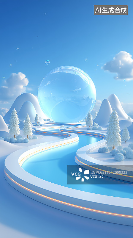 【AI数字艺术】蓝色抽象景观与蜿蜒路径图片素材