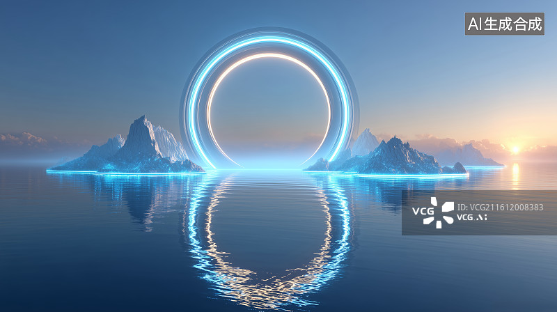 【AI数字艺术】光环星球水面倒影图片素材