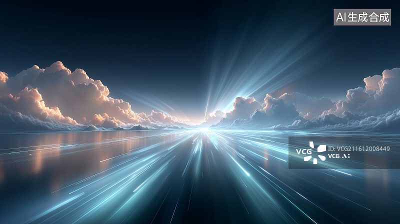 【AI数字艺术】光束穿透云层的未来科技场景图片素材