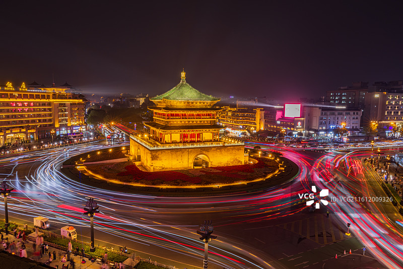 陕西省西安市地标性建筑钟楼下车水马龙夜景风光图片素材