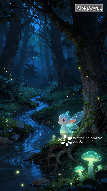 【AI数字艺术】幽林夜光兔图片素材