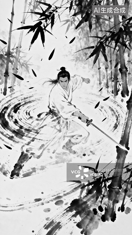 【AI数字艺术】古风竹林舞剑漫画背景图片素材