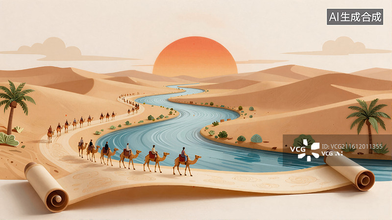 【AI数字艺术】沙漠绿洲驼队行旅图图片素材
