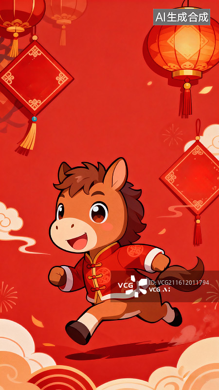 【AI数字艺术】新春壁纸，马年壁纸，红色背景，悬挂的灯笼，空白的对联，脚踏祥云的骏马图片素材