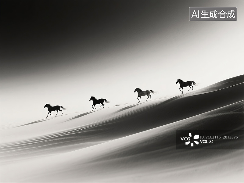 【AI数字艺术】中国画，水墨画，万马奔腾，一马当先，中国风手绘插画，马年，十二生肖图片素材