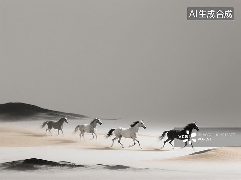 【AI数字艺术】中国画，水墨画，万马奔腾，一马当先，中国风手绘插画，马年，十二生肖图片素材