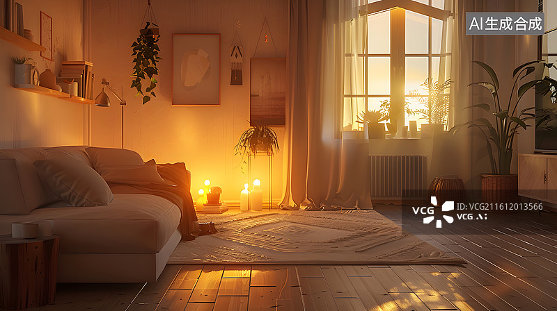 【AI数字艺术】暖光日落客厅的温馨场景图片素材