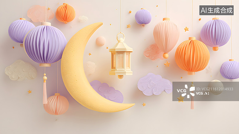 【AI数字艺术】柔和色彩纸灯笼与月亮装饰图片素材