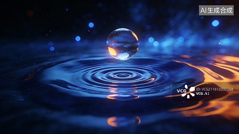 【AI数字艺术】水面上滴落的水珠溅起涟漪图片素材