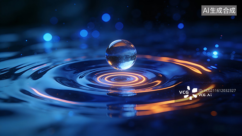 【AI数字艺术】水面上滴落的水珠溅起涟漪图片素材