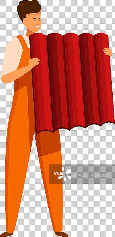 建筑工人手持红色金属屋顶瓦片图片素材