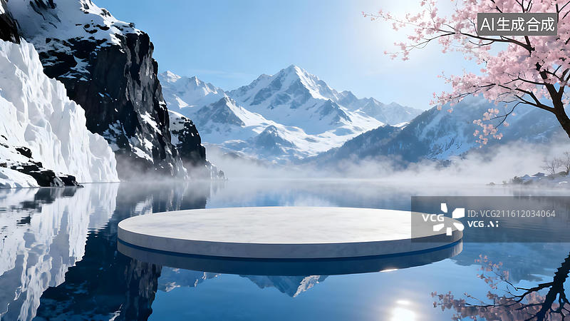 【AI数字艺术】雪山湖畔的圆形平台图片素材