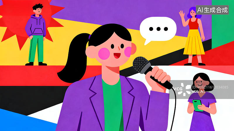 【AI数字艺术】女性手持麦克风演讲场景图片素材