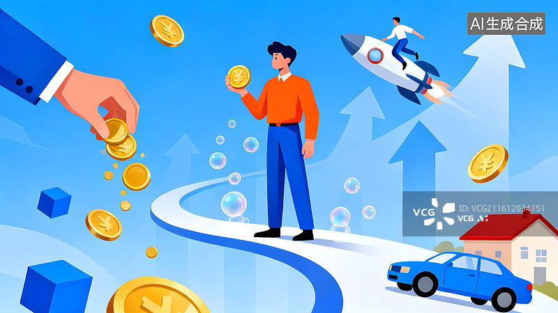 【AI数字艺术】人物手持金币走向成功图片素材