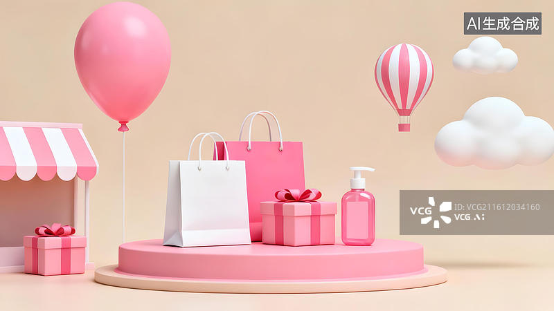 【AI数字艺术】粉色主题购物场景展示图片素材