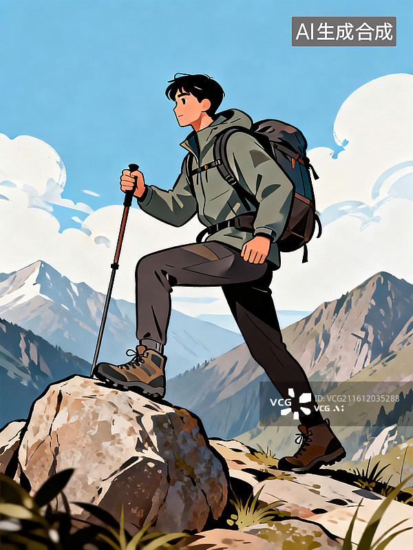 【AI数字艺术】户外徒步旅行者登山场景插画图片素材