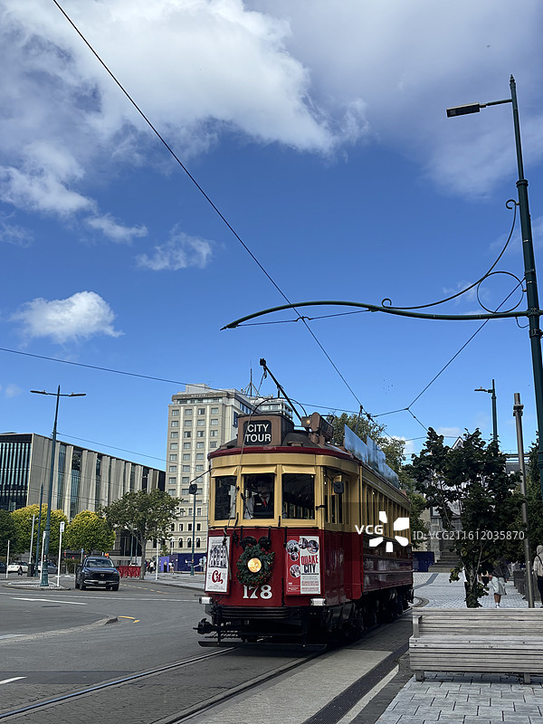 基督城有轨电车、艺术中心、新摄政街图片素材