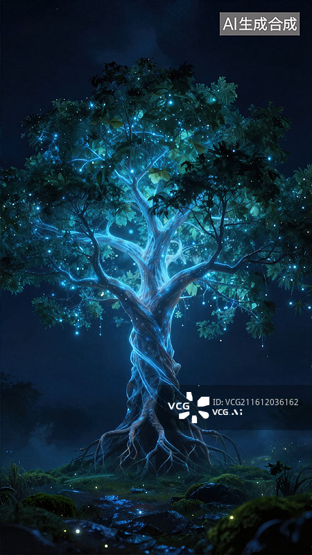 【AI数字艺术】幽蓝古树夜景图片素材