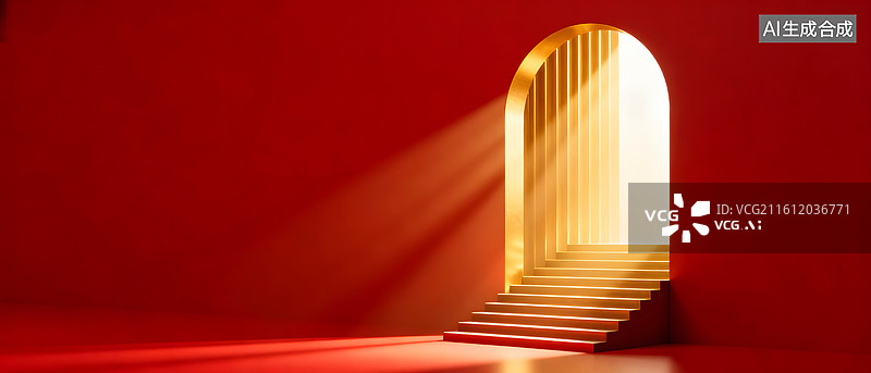 【AI数字艺术】红色背景金色拱门阶梯图片素材