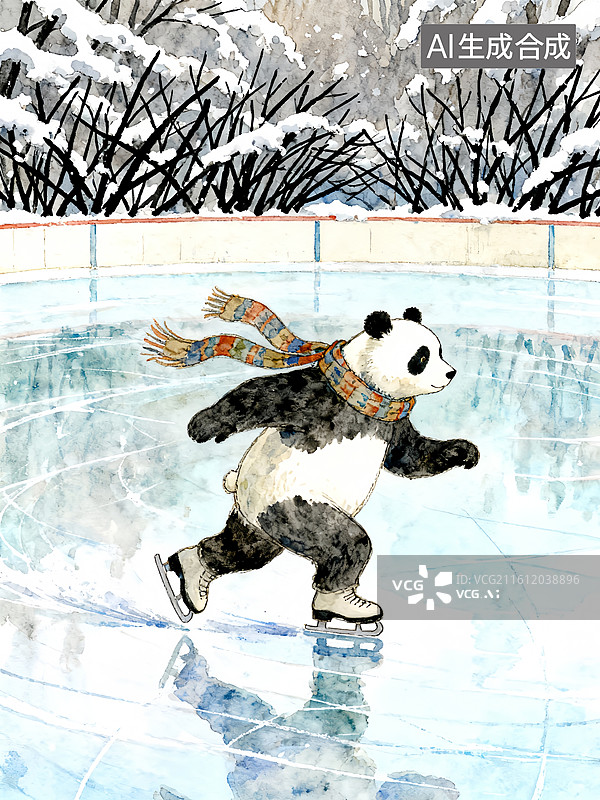 【AI数字艺术】熊猫在滑冰场滑雪 唯美动物水彩画图片素材