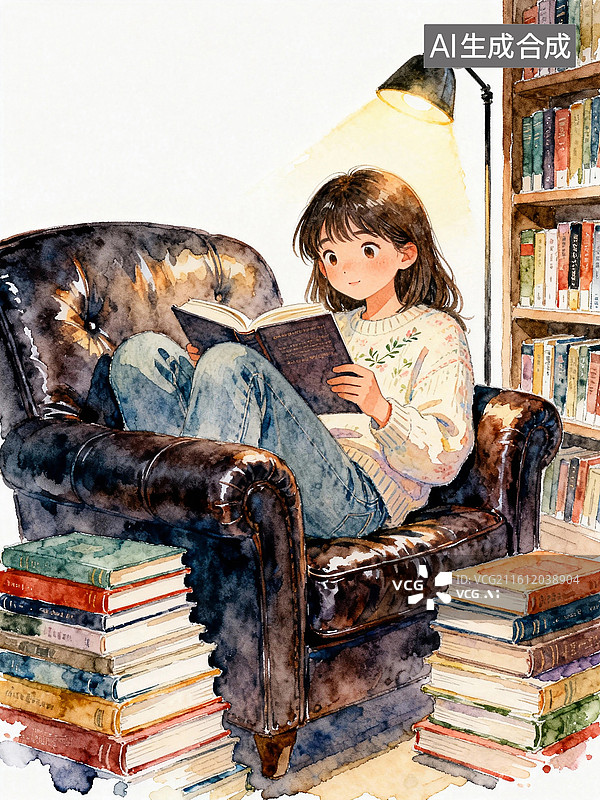 【AI数字艺术】坐在沙发上看书的女人 阅读日 唯美人物水彩画图片素材