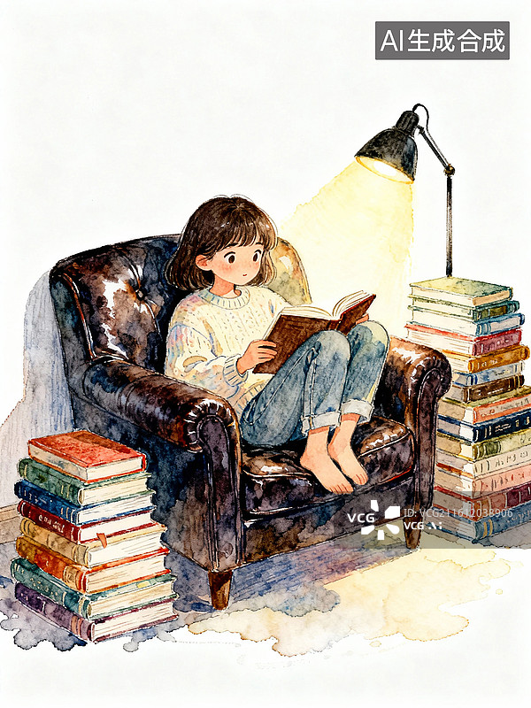 【AI数字艺术】坐在沙发上看书的女人 阅读日 唯美人物水彩画图片素材