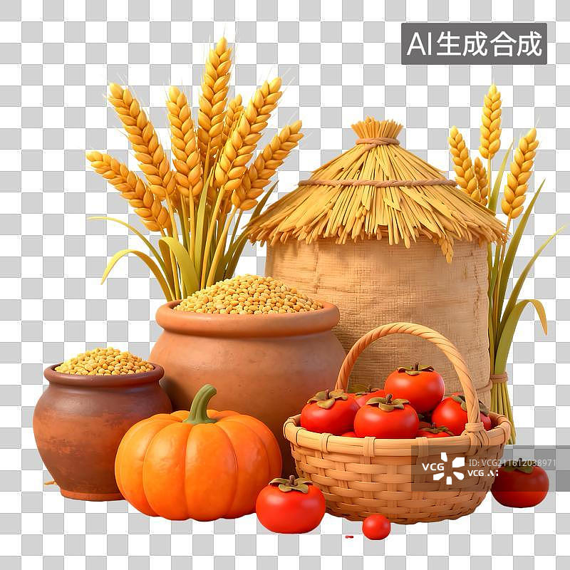 【AI数字艺术】3D风格丰收谷物元素图片素材