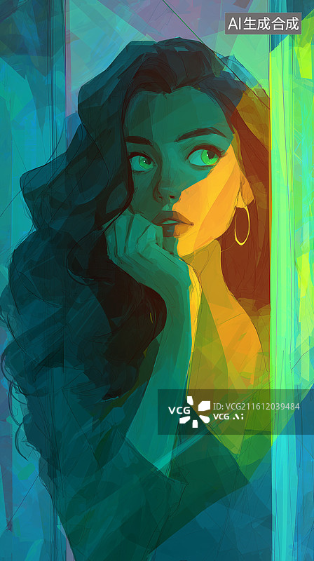 【AI数字艺术】绿眼波浪发女孩窗边肖像图片素材