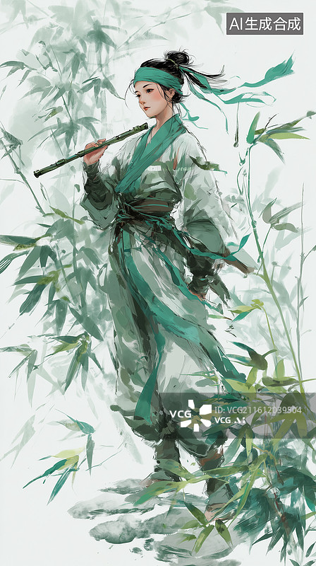 【AI数字艺术】古风女侠竹径执玉笛图图片素材