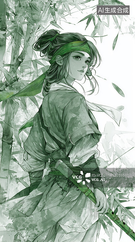 【AI数字艺术】古风女侠竹径执玉笛图图片素材