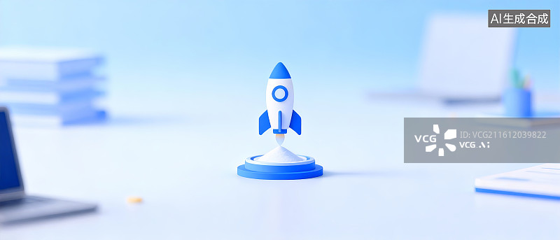 【AI数字艺术】蓝色火箭模型置于办公桌面图片素材