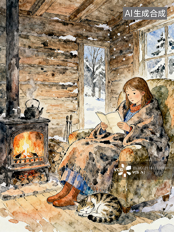 【AI数字艺术】冬日木屋，少女蜷缩于炉火旁的沙发上看书 唯美人物水彩画图片素材