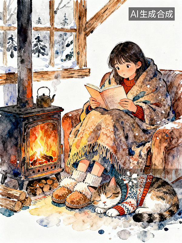 【AI数字艺术】冬日木屋，少女蜷缩于炉火旁的沙发上看书 唯美人物水彩画图片素材